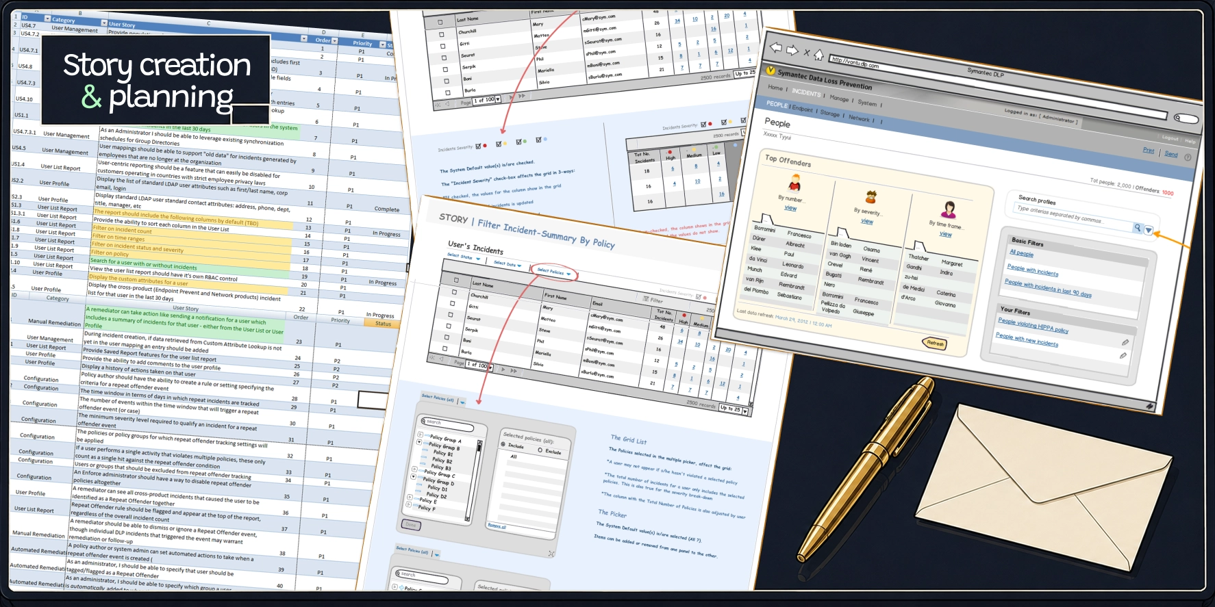 People / Identities wireframes showing the dashboard, offenders list, and planned stories