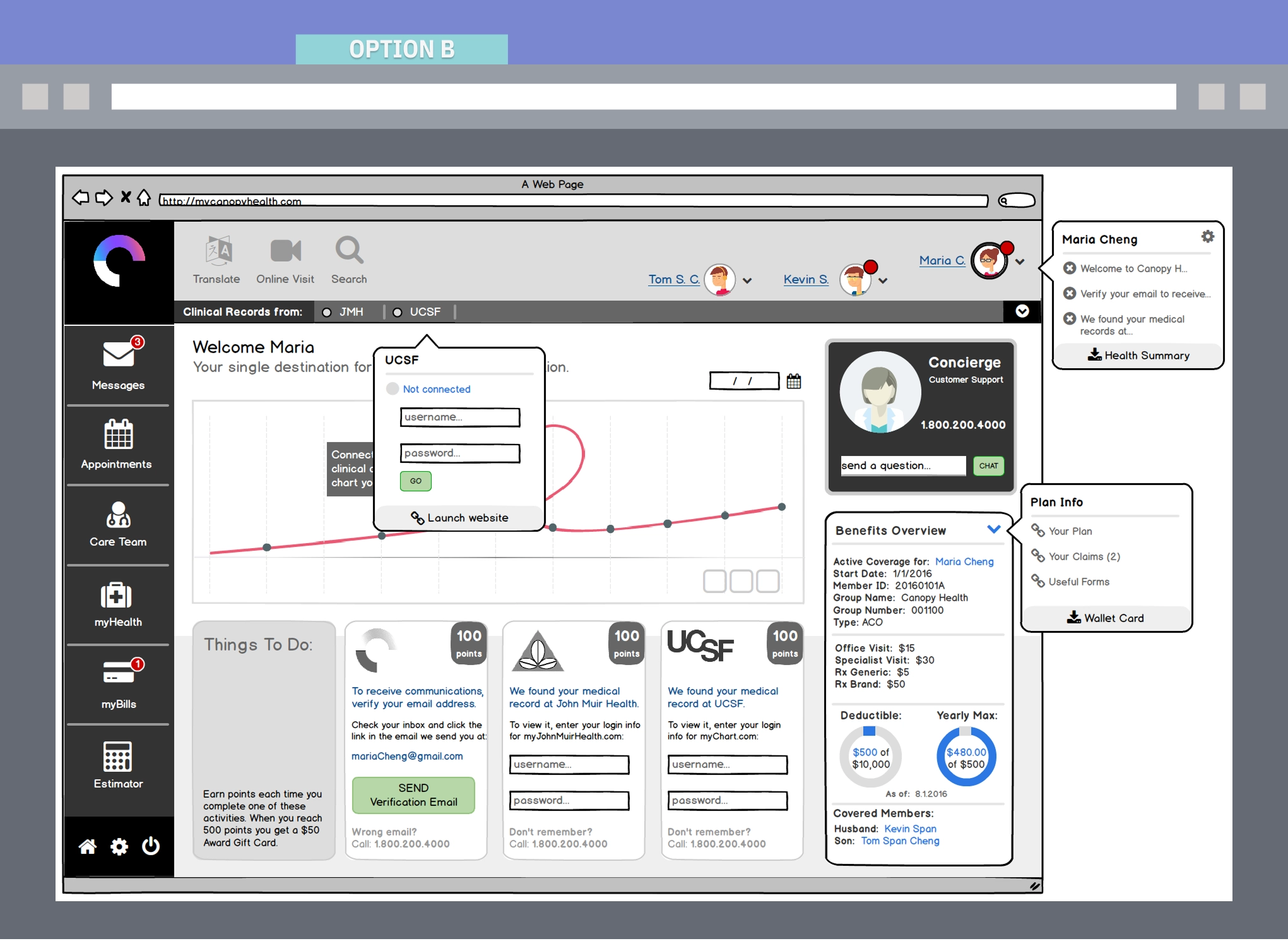 Option B concept — integrated clinical and plan experience with onboarding tasks and linked records