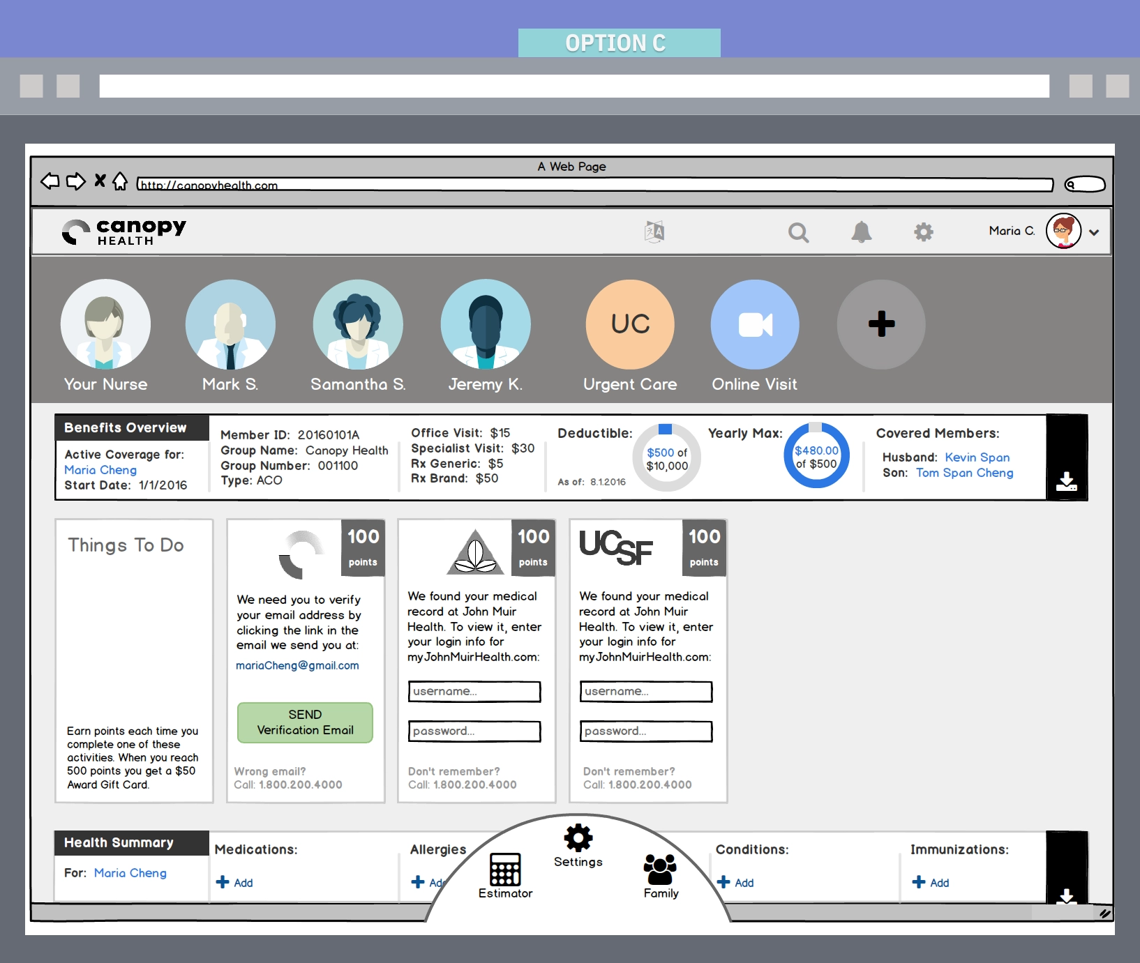 Option C concept — service-oriented experience hub with persistent navigation and structured care sections