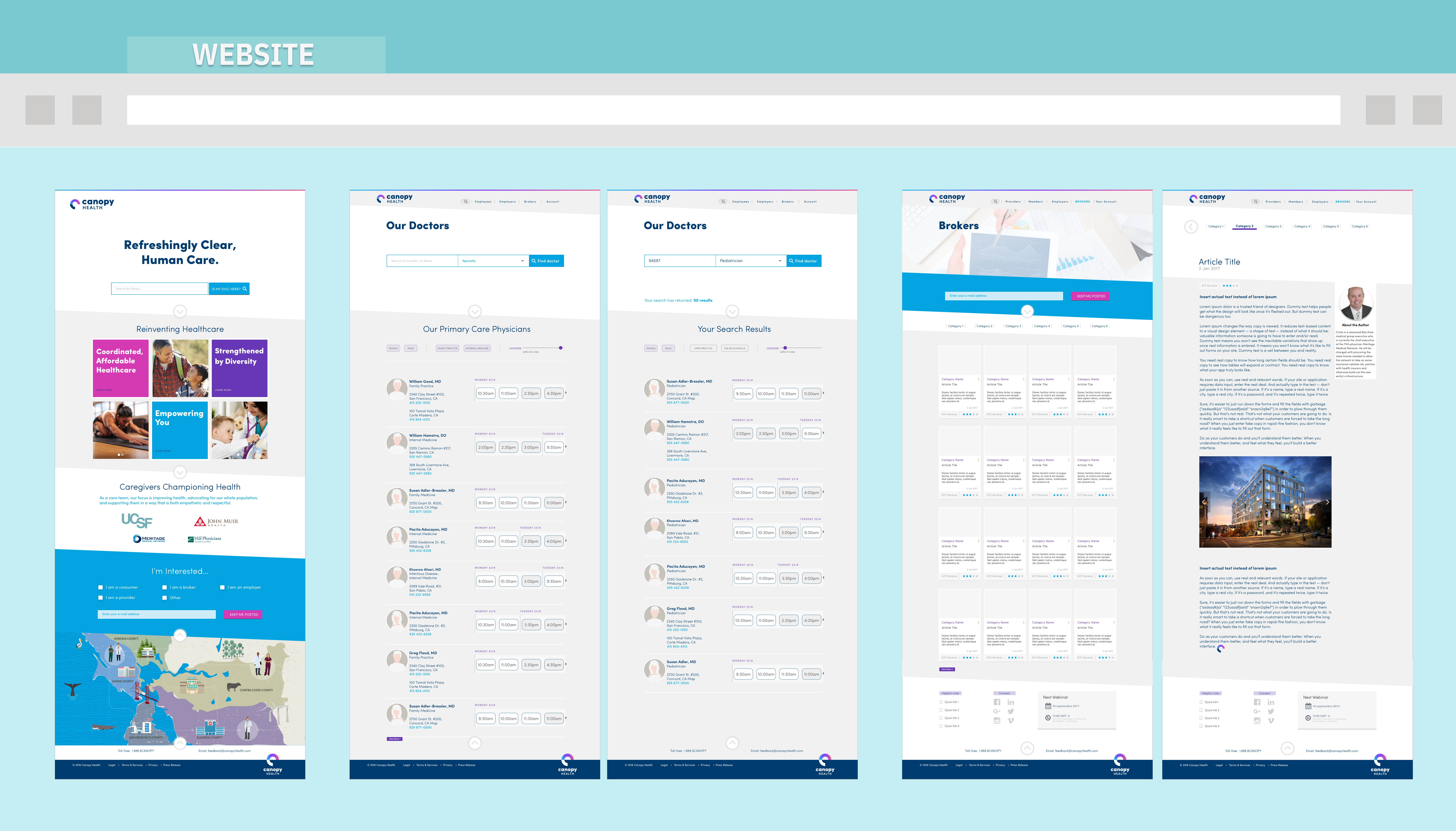 Canopy Health website UI — responsive homepage, provider search, and member portal entry point