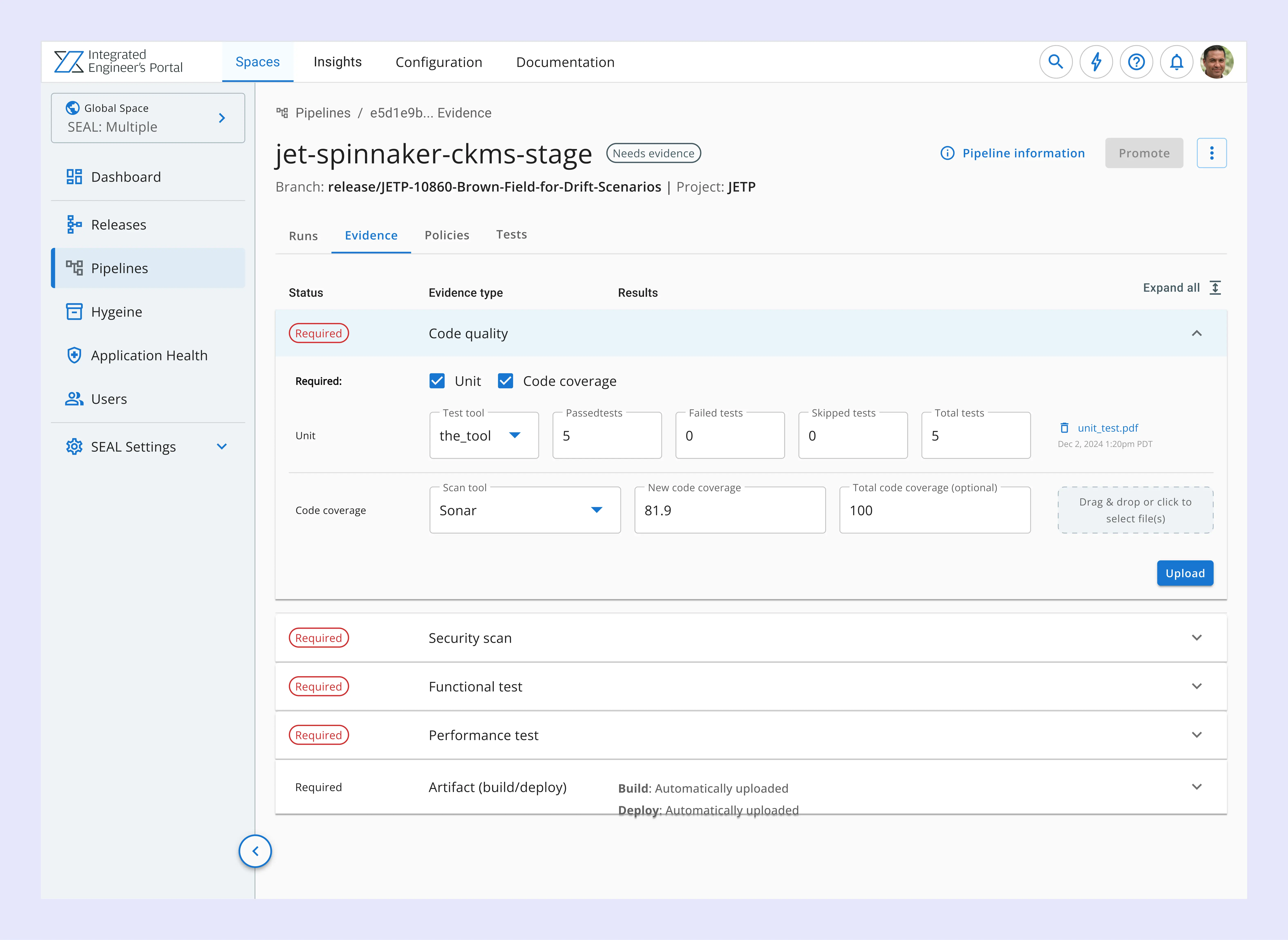 Evidence and Promotion module — UI showing evidence upload, code quality checks, and promotion status