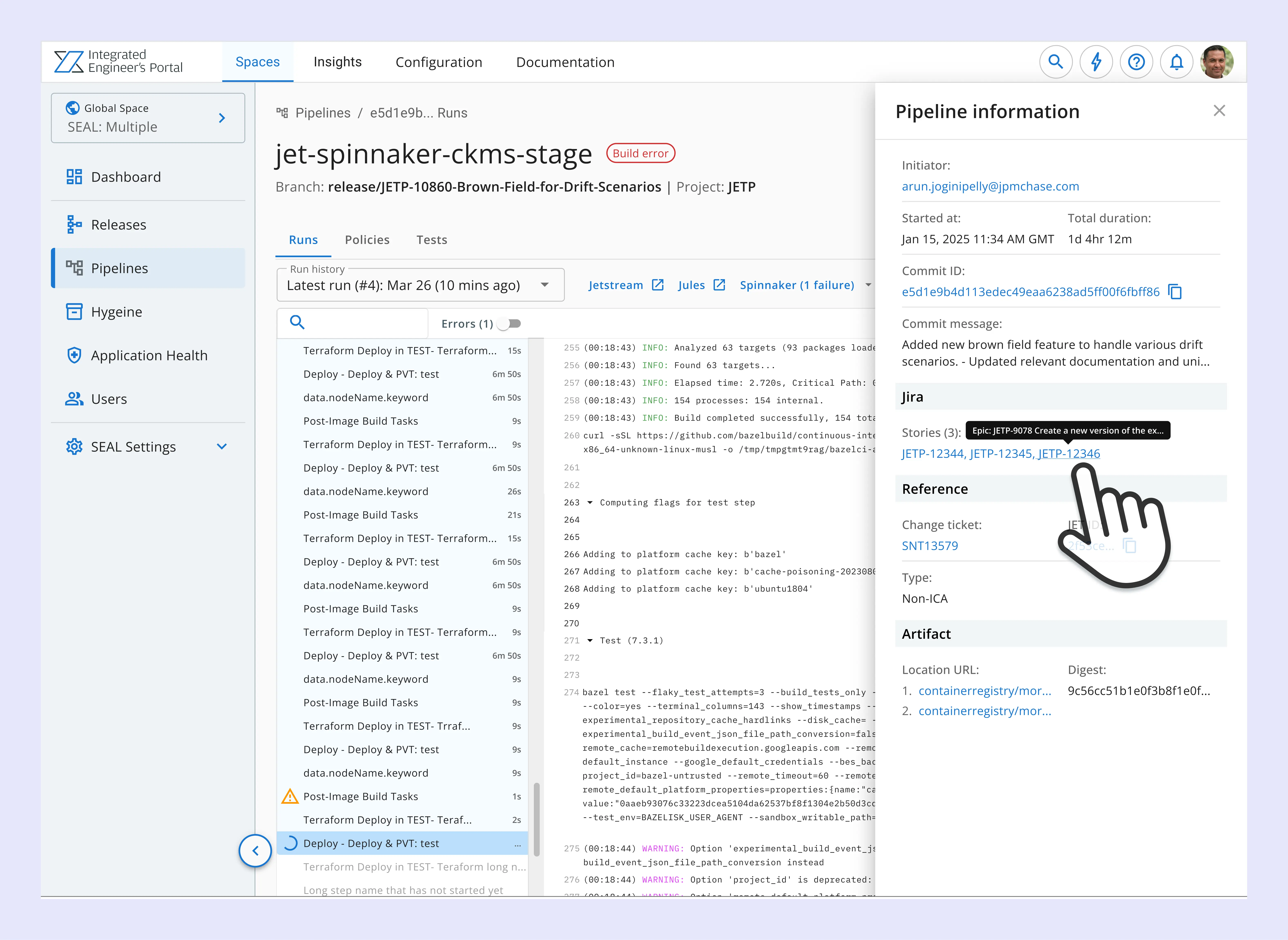Diagnostics module — UI showing run logs, pipeline information panel, and Jira references