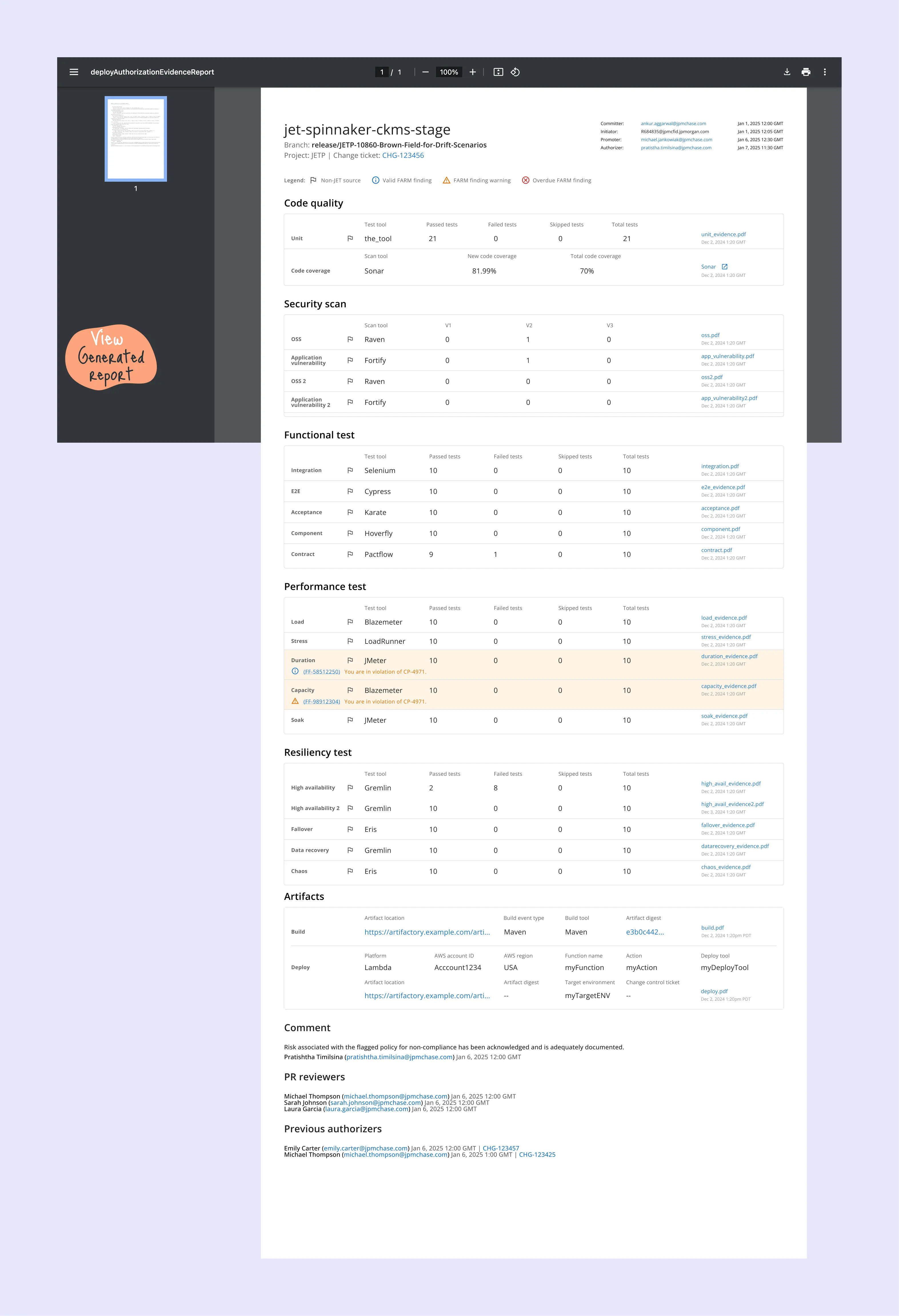 Reporting module — deployment authorizer evidence report showing code quality, security scan, and functional test results